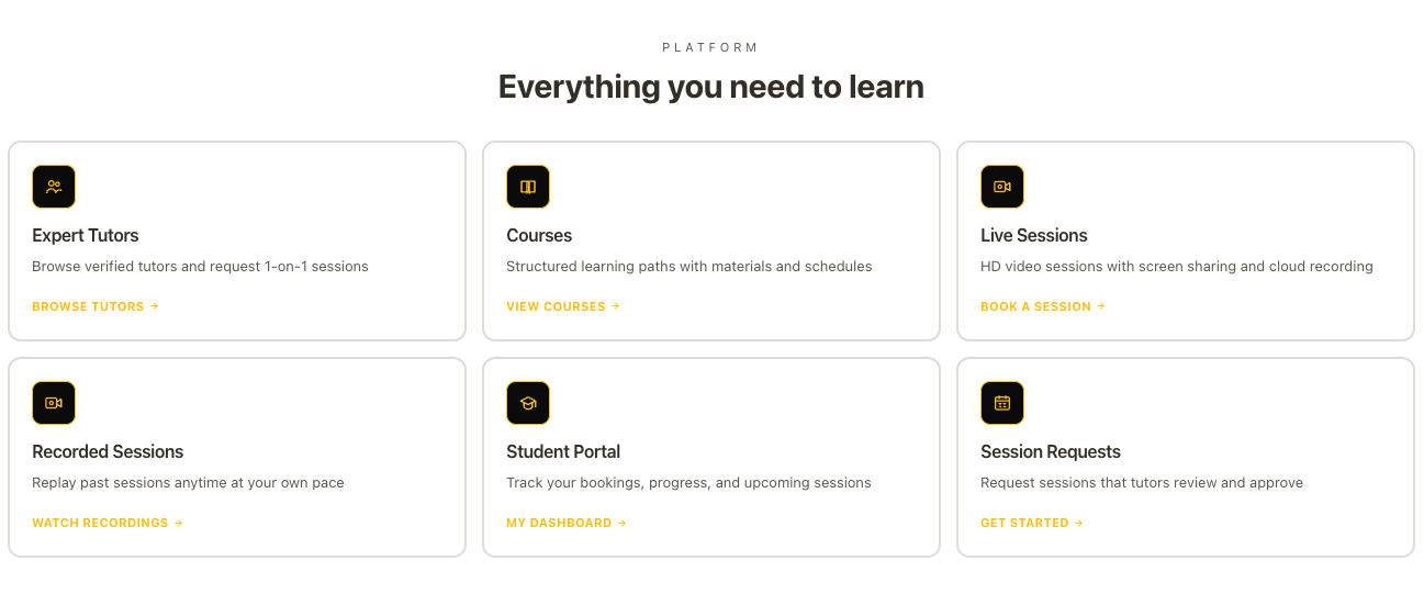Courses and recorded sessions on the student homepage