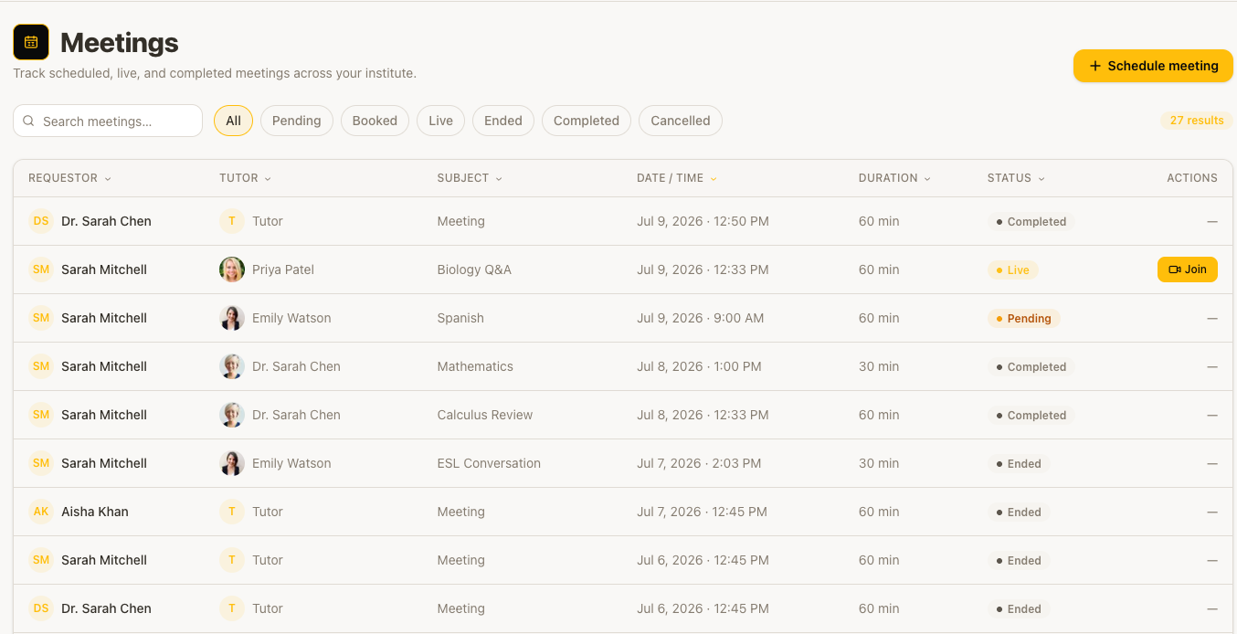 Meetings register with a class marked live